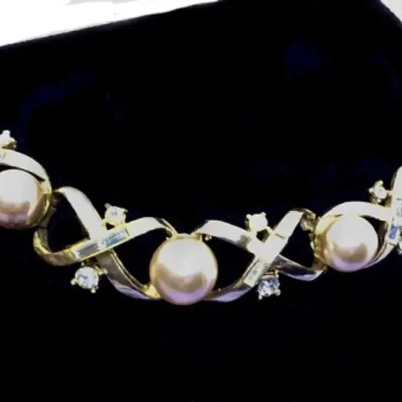 Vtg Corocraft gold pearl rhinestone 14" necklace - Picture 5 of 11